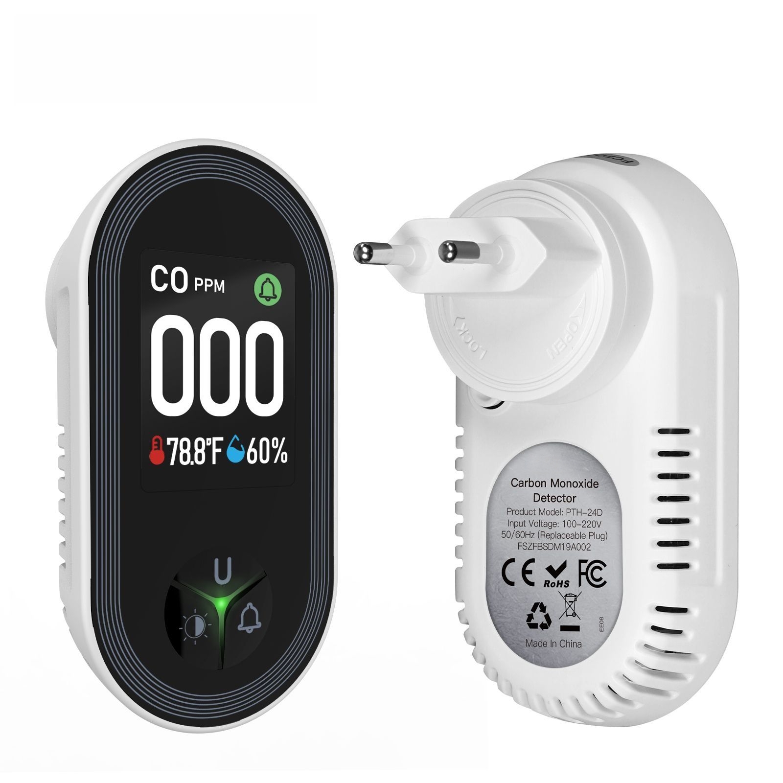 Co Detector Plug - Detektor tlenku węgla: Monitor 3-w-1 CO,